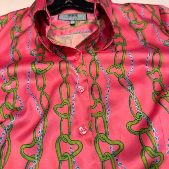 Hawes & Curtis Fitted Shirt Top Women UK 8 US S Button Up Chain link Print Pink - Picture 7 of 9